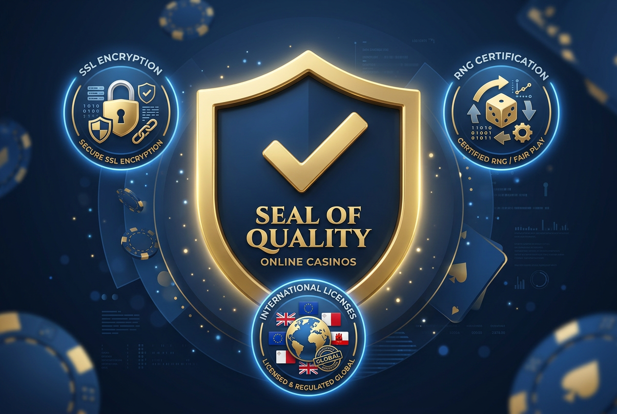 Visual symbols of online security and licensing certification for casinos