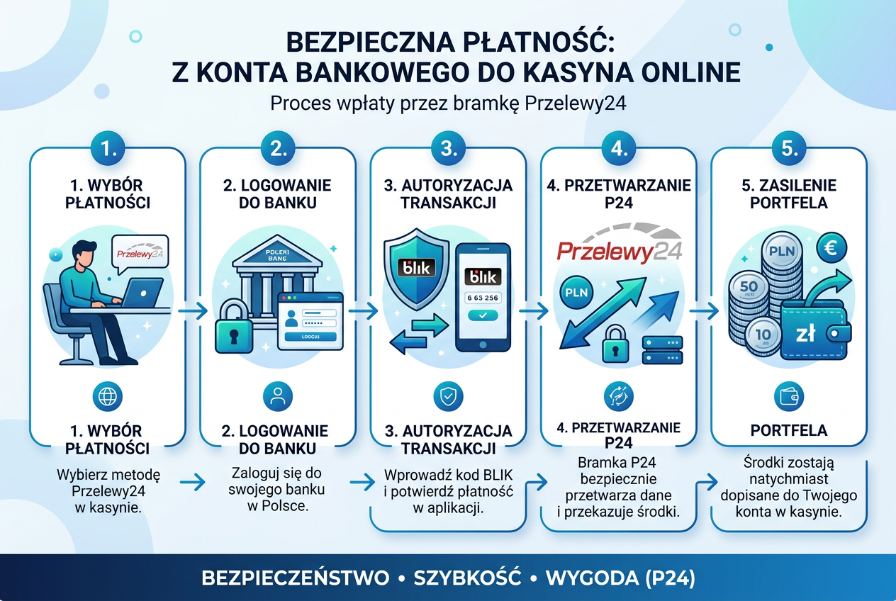 Infografika przedstawiająca bezpieczny proces transakcji Przelewy24 w kasynie online