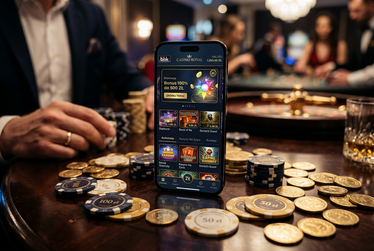 Smartphone showing a secure casino interface with BLIK and PLN symbols