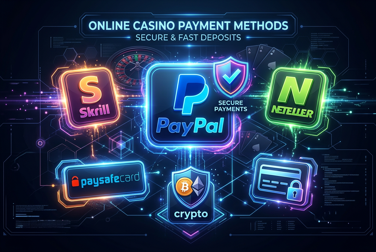 Modern online casino payment methods digital interface showing e-wallets and security icons